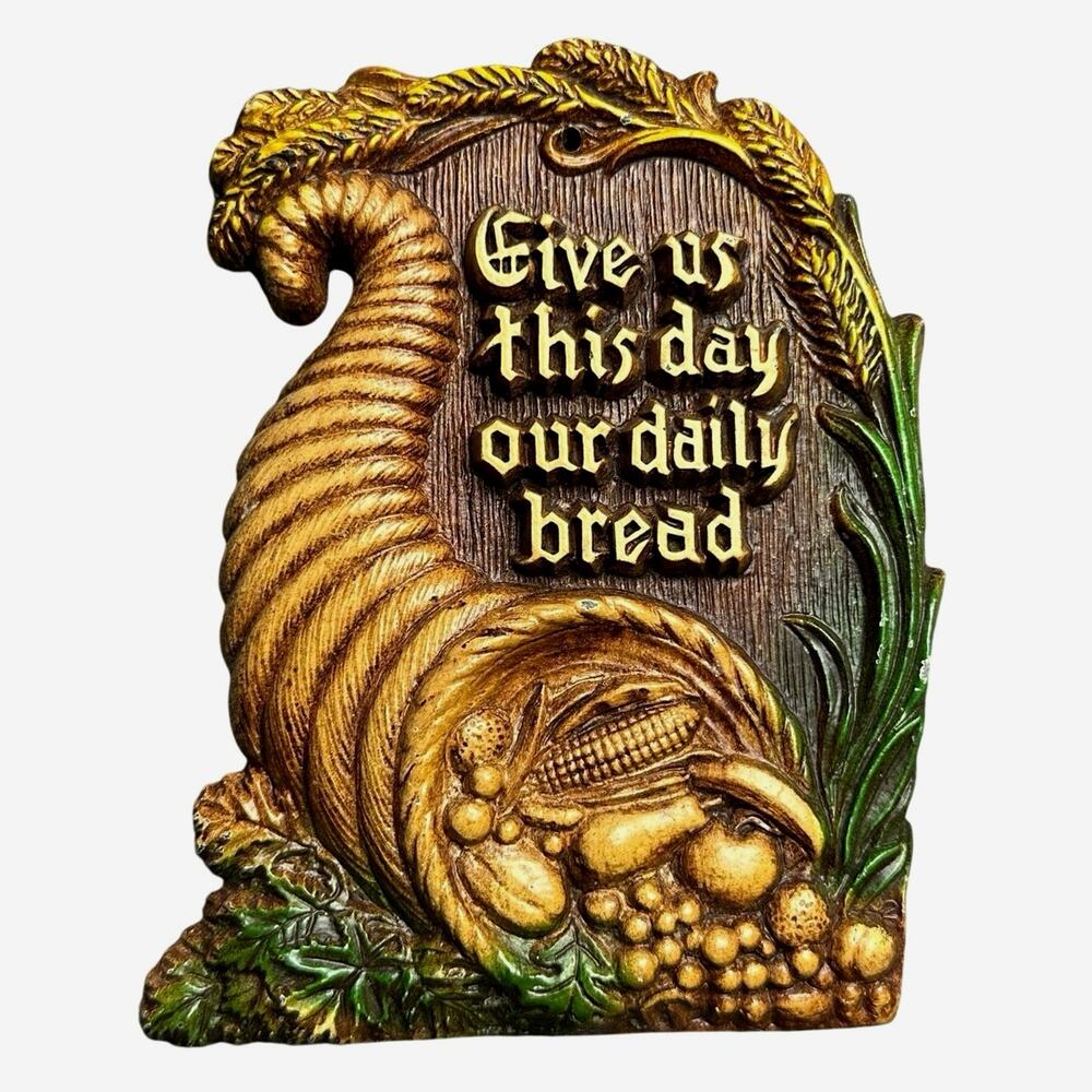Vintage MCM cornucopia plaque Give Us This Day Daily Bread wall art Thanksgiving